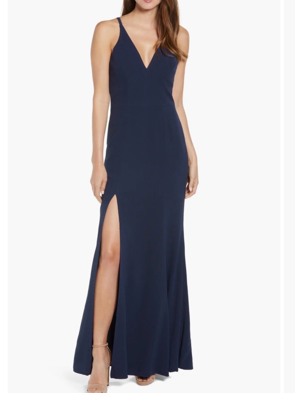 Dress the Population Iris Slit Gown - Navy Blue Spaghetti-Strap Maxi Dress